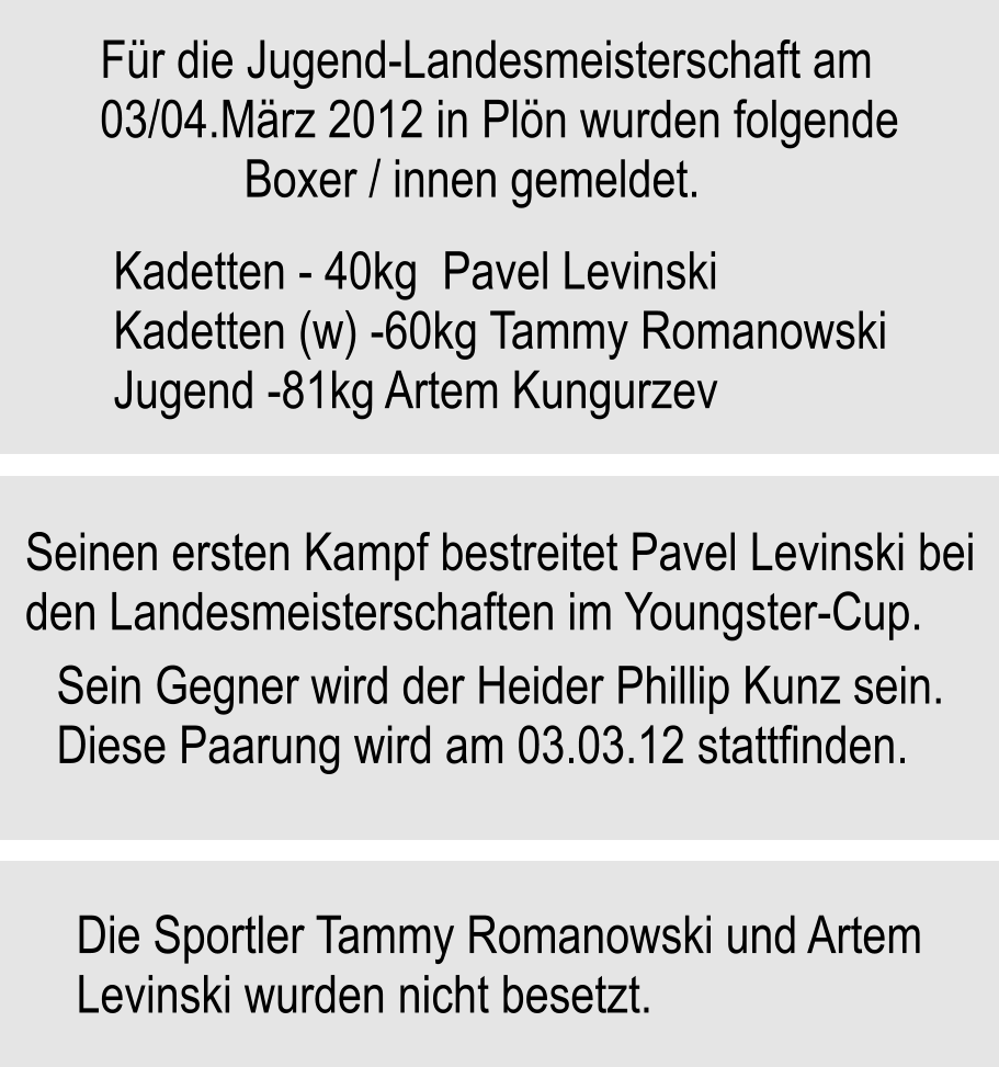 Fr die Jugend-Landesmeisterschaft am 03/04.Mrz 2012 in Pln wurden folgende             Boxer / innen gemeldet. Die Sportler Tammy Romanowski und Artem Levinski wurden nicht besetzt. Sein Gegner wird der Heider Phillip Kunz sein. Diese Paarung wird am 03.03.12 stattfinden. Seinen ersten Kampf bestreitet Pavel Levinski bei den Landesmeisterschaften im Youngster-Cup. Kadetten - 40kg  Pavel Levinski Kadetten (w) -60kg Tammy Romanowski Jugend -81kg Artem Kungurzev
