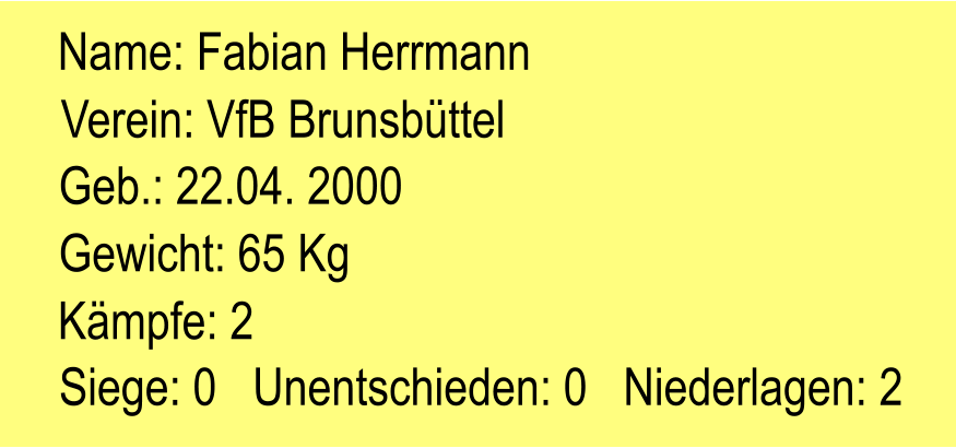 Verein: VfB Brunsbttel Geb.: 22.04. 2000 Name: Fabian Herrmann Gewicht: 65 Kg Kmpfe: 2 Siege: 0   Unentschieden: 0   Niederlagen: 2