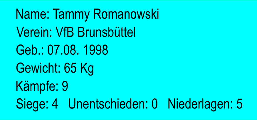 Verein: VfB Brunsbttel Geb.: 07.08. 1998 Name: Tammy Romanowski Gewicht: 65 Kg Kmpfe: 9 Siege: 4   Unentschieden: 0   Niederlagen: 5
