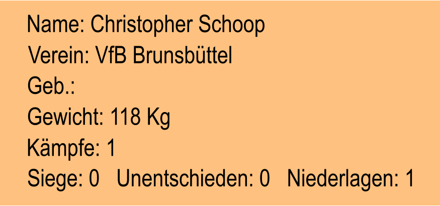 Verein: VfB Brunsbttel Geb.:  Name: Christopher Schoop Gewicht: 118 Kg Kmpfe: 1 Siege: 0   Unentschieden: 0   Niederlagen: 1